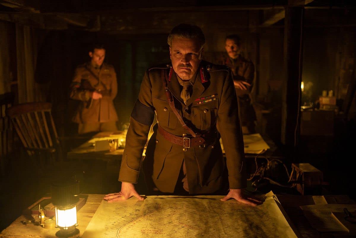 Colin Firth giving mission details in "1917"